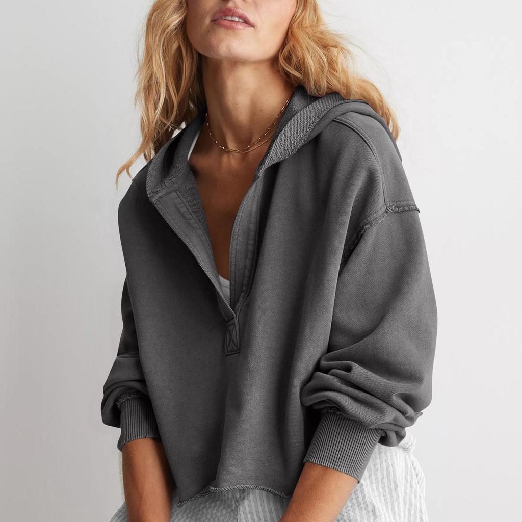 Женская модная однотонная свободная кофта с V-образным вырезом и длинными рукавами, короткая толстовка с капюшоном