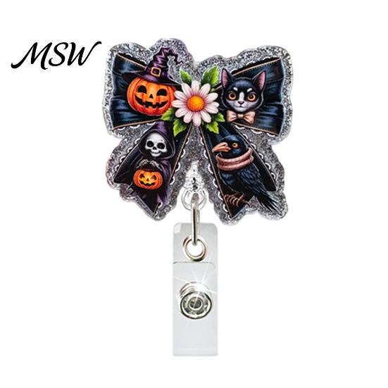 Retractable Keychain Clip Badge Holder, Halloween Glitter Acrylic Reel, Cute Ghost Teacher Reel Pumpkin ID Card Holder for Nurse Doctor Worker
