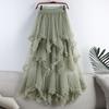 Women Cake Skirt Mid-rise Elastic Waist Irregular Hem Midi Skirt Solid Color Mesh Swing Long Skirt Daily Wear