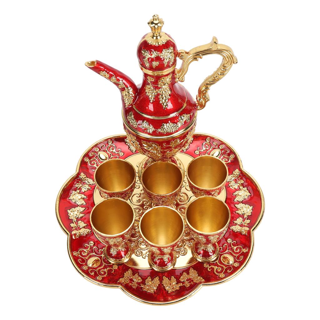 Turkish Coffee Pot Cup Set Vintage Exquisite Elegant Metal Tea Pot Set with 6 Cups for Tea Table
