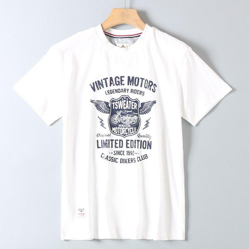 Foreign Trade Export Surplus Summer New Vintage Motorcycle Print All-Cotton Washed Men's Round Neck Casual Short-Sleeve T-Shirt