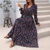 European And American Women's Summer Printed Long Skirt, V-neck, Long-sleeved, Big Swing Dress, Loose Temperament, Elegant Long Skirt