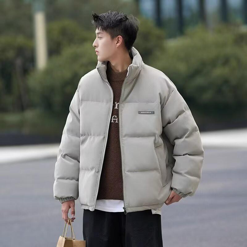 Trendy Stand Collar Solid Color Warm Cotton Padded Jacket Teenagers Loose Fit Casual Winter Outerwear