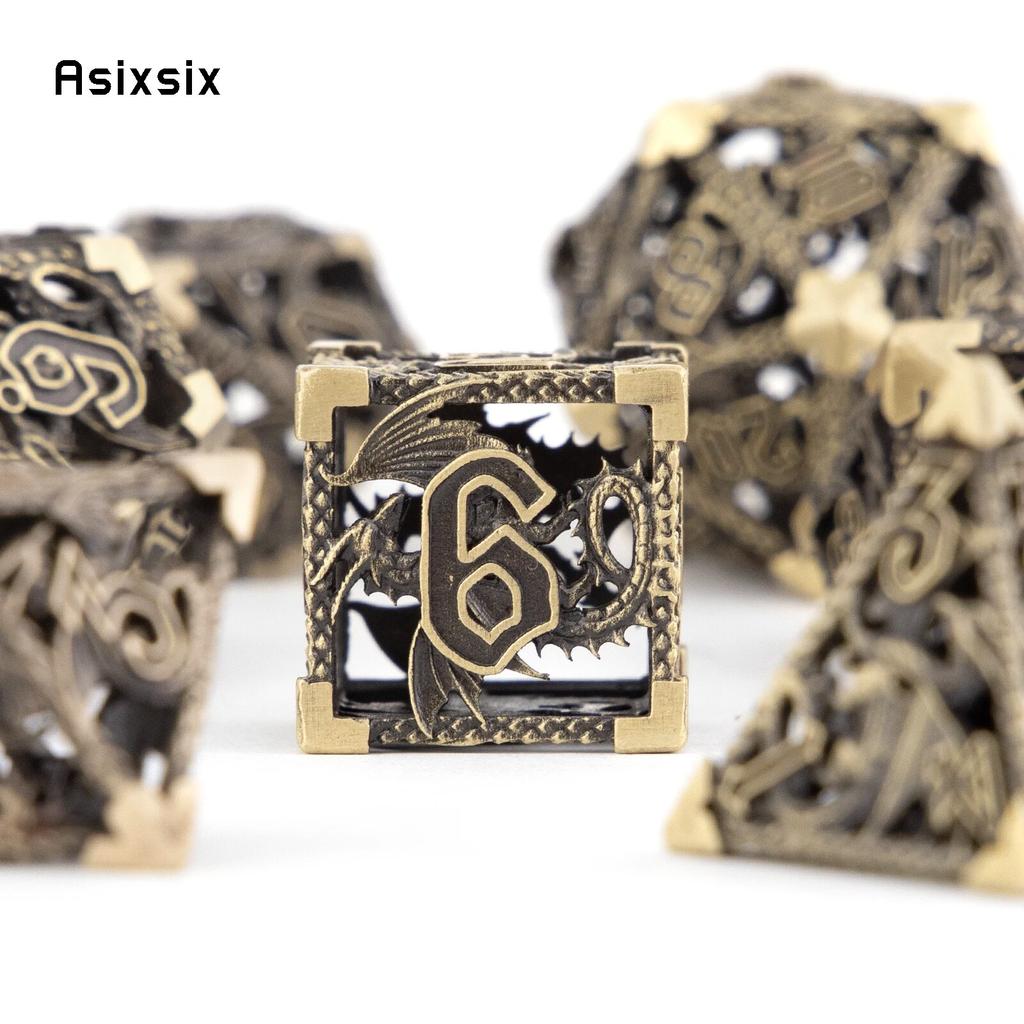 7 Pcs Yellow Flying Dragon Metal Dice Hollow Metal Polyhedral Dice Set Suitable for Role-Playing RPG Board Game Card Game