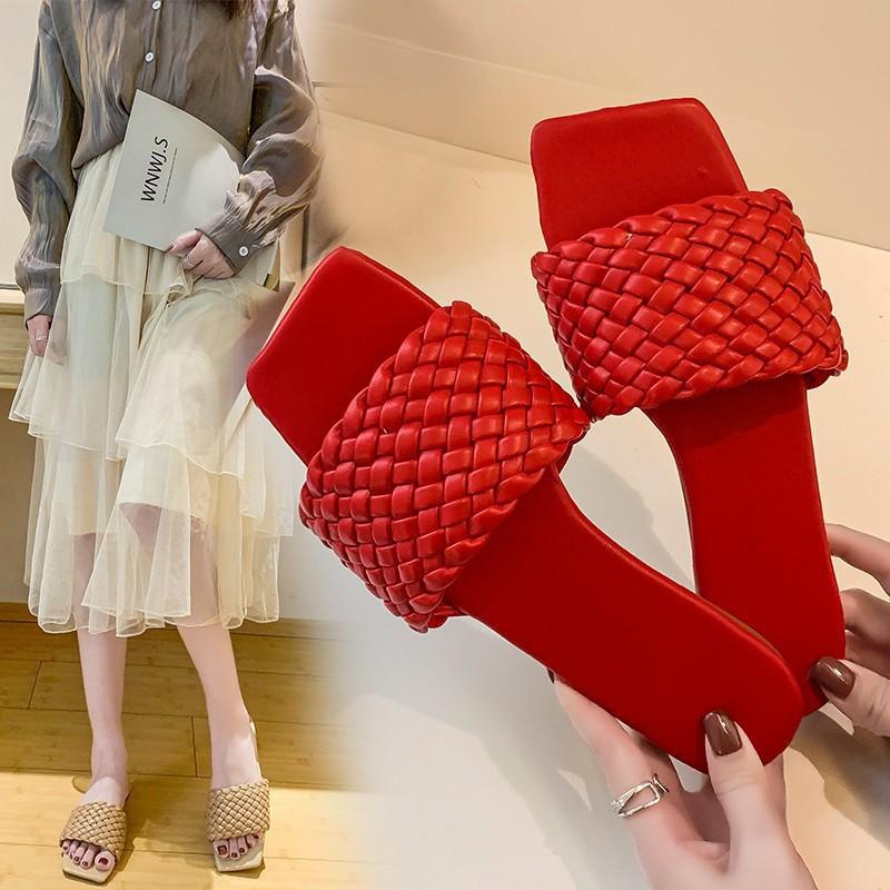 Slippers Women's 2025 Summer One-word Woven Belt, Light Women's Sandals, Korean Version of Lazy Hundred, with Beach Shoes