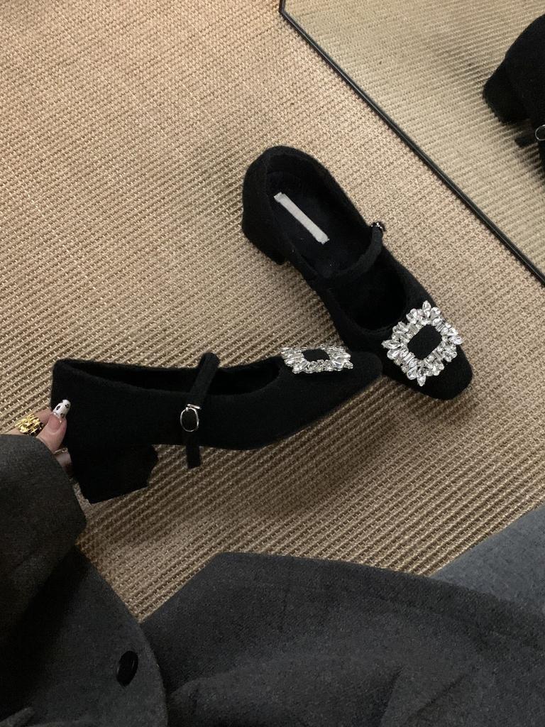 Толстый каблук с квадратной головкой, серые одинарные туфли со стразами, женские, новинка 2024 года, осенне-зимние туфли Mary Jane Mao