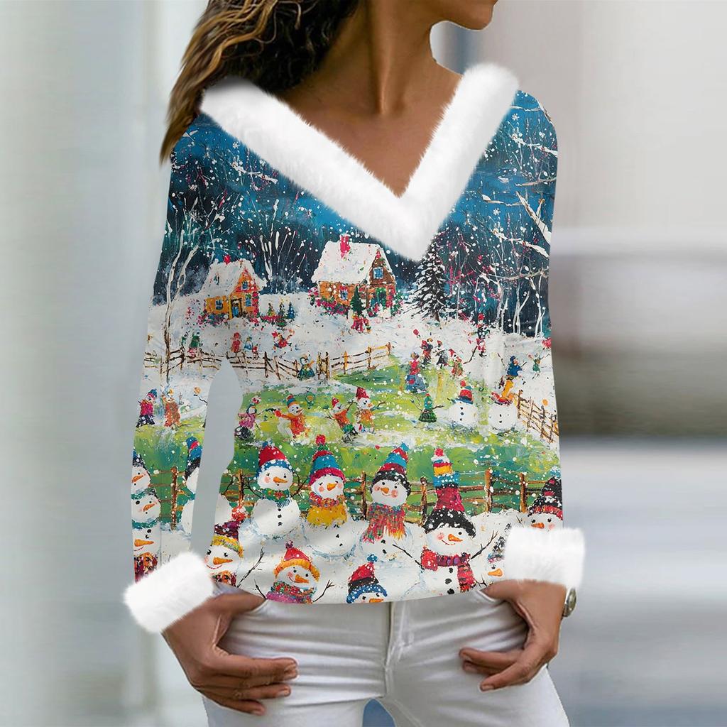 Женская футболка с рождественским принтом, длинный рукав, флисовый воротник, V-образный вырез, футболка