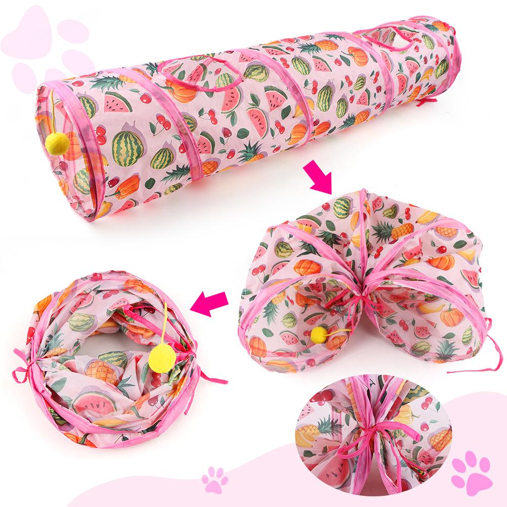 Foldable Long/Square Cat Tunnel Toy Summer Fruit Print Interactive Cat Tunnel with Rolling Ball Fun Pet Playground Cubes