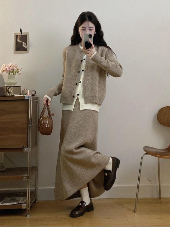 Женский модный вязаный костюм-двойка с юбкой для осени/зимы – стильный и повседневный