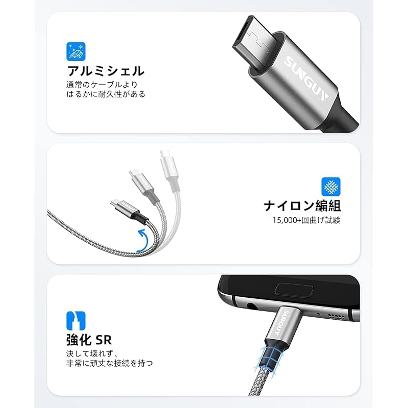 [3 Bottles 15cm]SUNGUY Micro USB Cable Short 0.15M 3 Piece Set 2.4A Fast Charging Usb2.0 Data Transfer High Durability Nylon Knitting Galaxy S7/S6/S4,