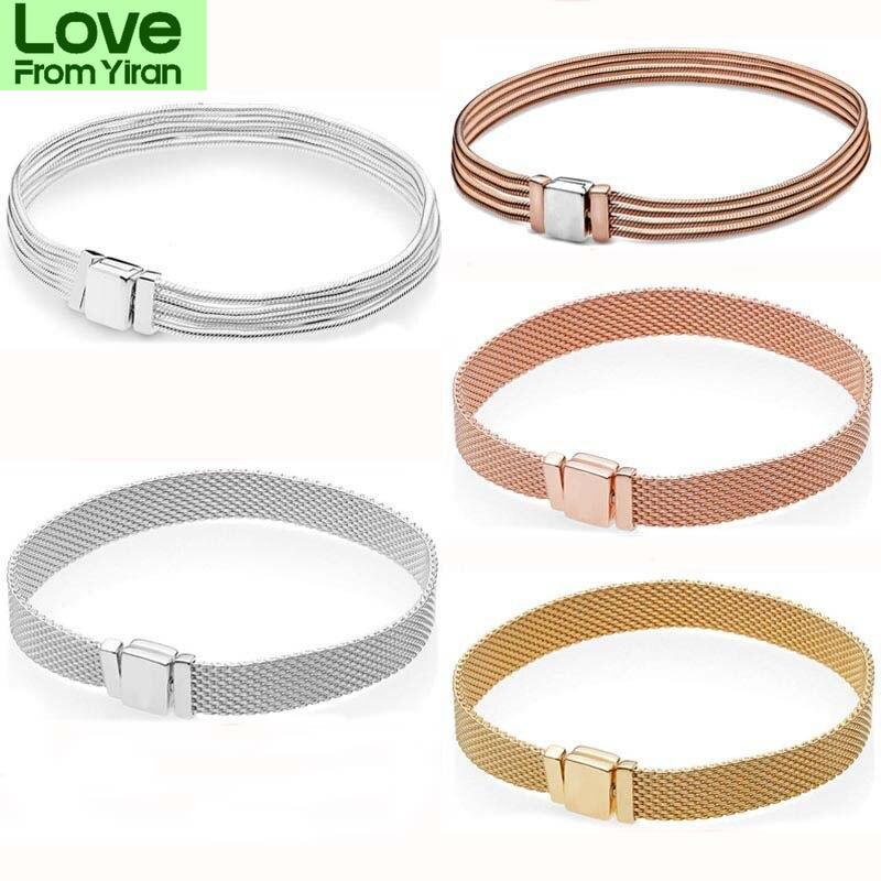 Original Rose Gold Woven Mesh Reflexions Multi Chain Bracelet Fit 925 Sterling Silver Bangle Bead Charm Diy Jewelry
