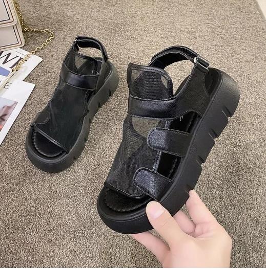 Сандалии женские летние 2024 года, новые модные сандалии с толстой подошвой, дышащие, пряжа Eugene, сетка, волшебная паста, римские сандалии Hook & Loop