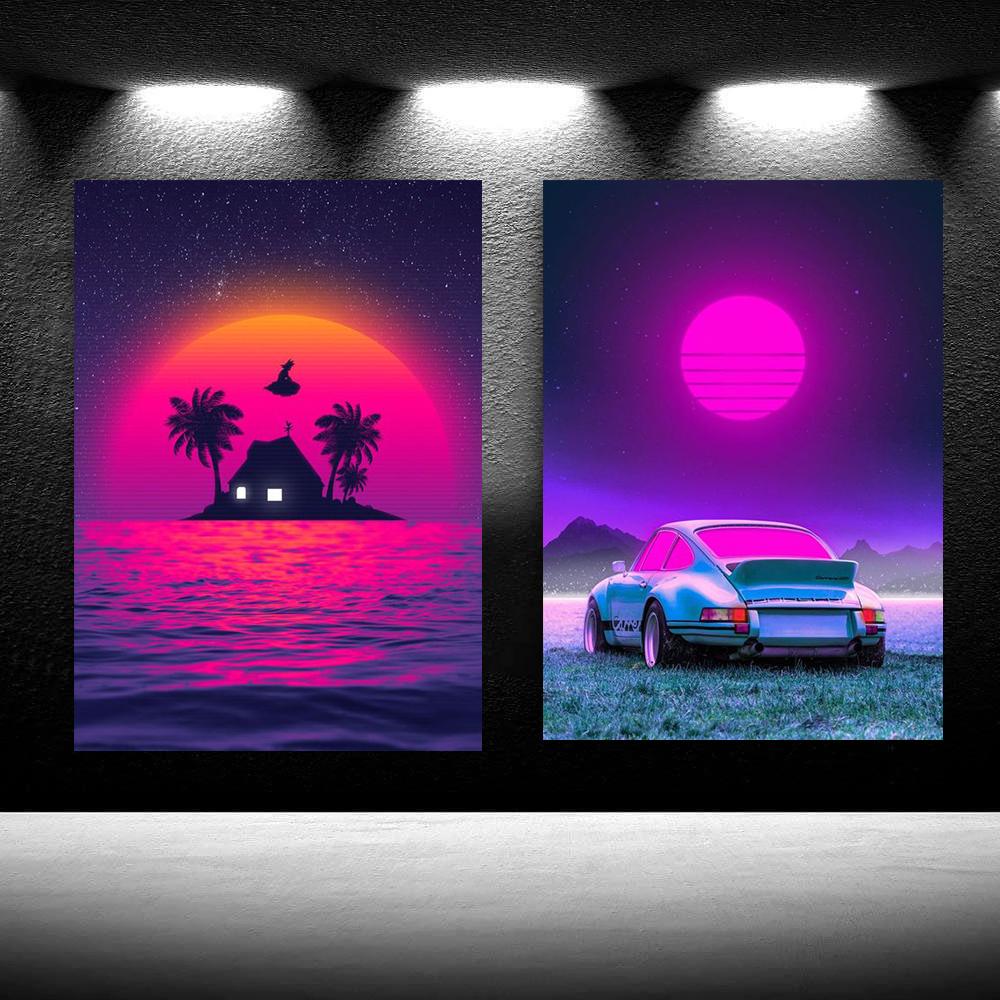 80-е Городская Ночь АВТОМОБИЛЬ ДОМ ЗАКАТ Настенное Искусство 80-е Стиль Outrun Vaporwave Постер Картина Украшение Кавайный Декор Комнаты Холст Постер