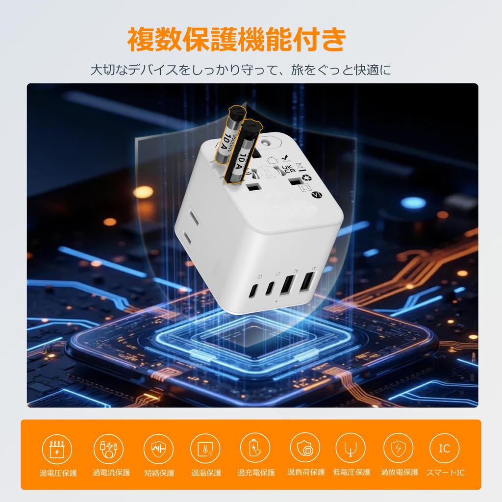 Международный адаптер TESSAN, Универсальный переходник для розеток, Тип BF, O, A, C, Заряжает 6 устройств одновременно, 2 розетки переменного тока, 2 USB-C, 2 USB-A,