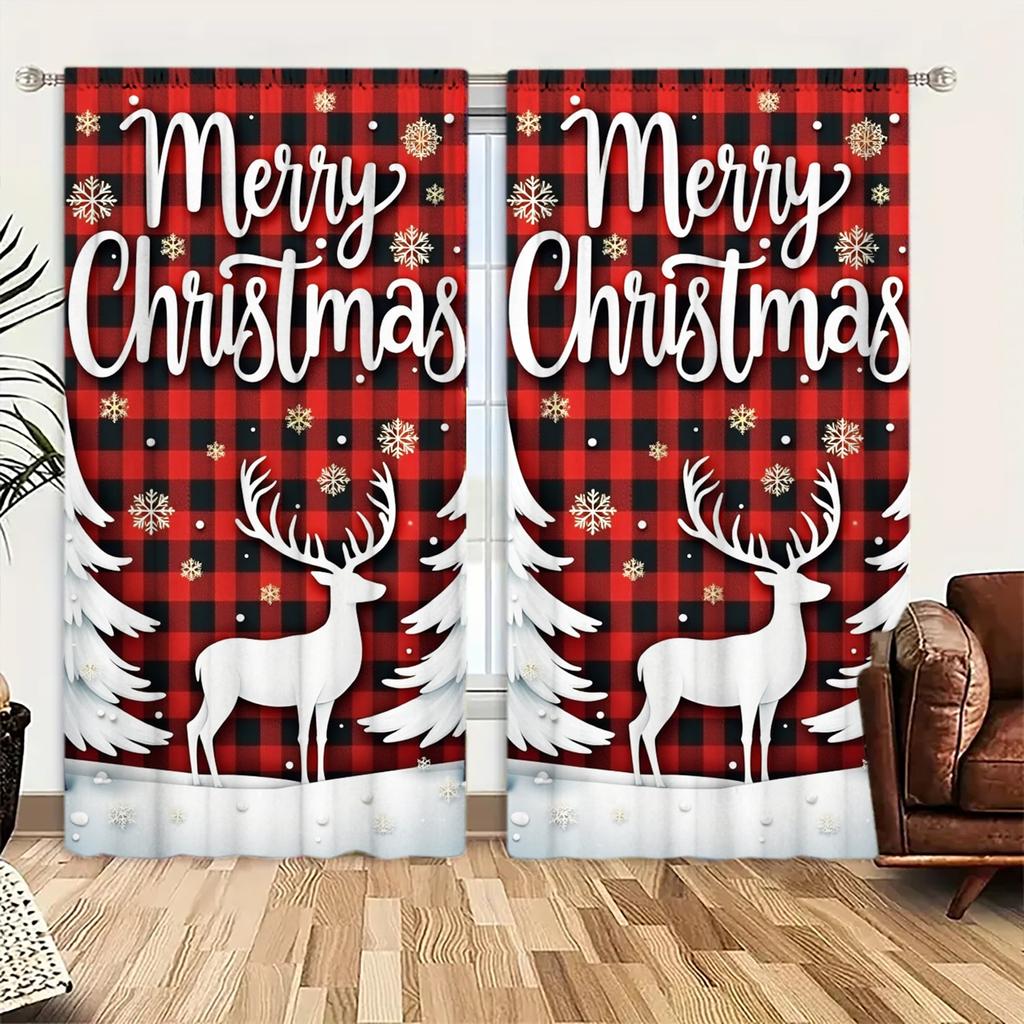 2pcs Christmas Reindee Printed Curtain for Christmas Home Decor - Rod Pocket Window Treatment for Bedroom  Office  Kitchen