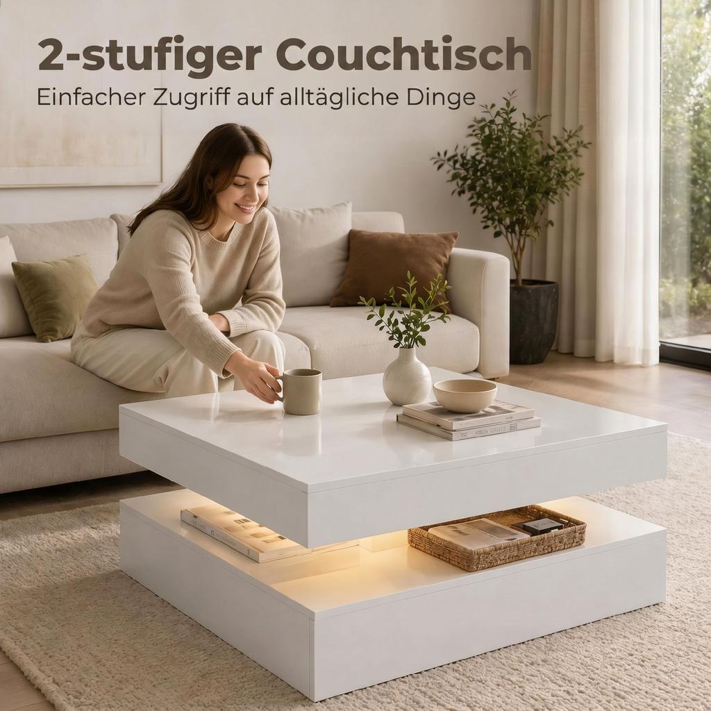 LED Coffee Table with Storage, 2-Tier Modern Centre Table with Open Shelf and Remote for Living Room, High Gloss White