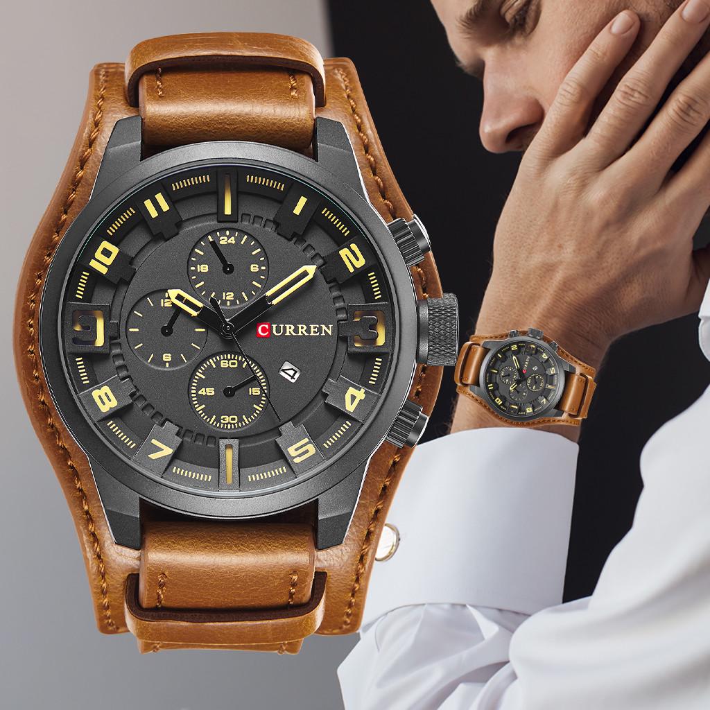 Роскошные спортивные часы в стиле милитари с кожаным ремешком, кварцевые деловые мужские часы