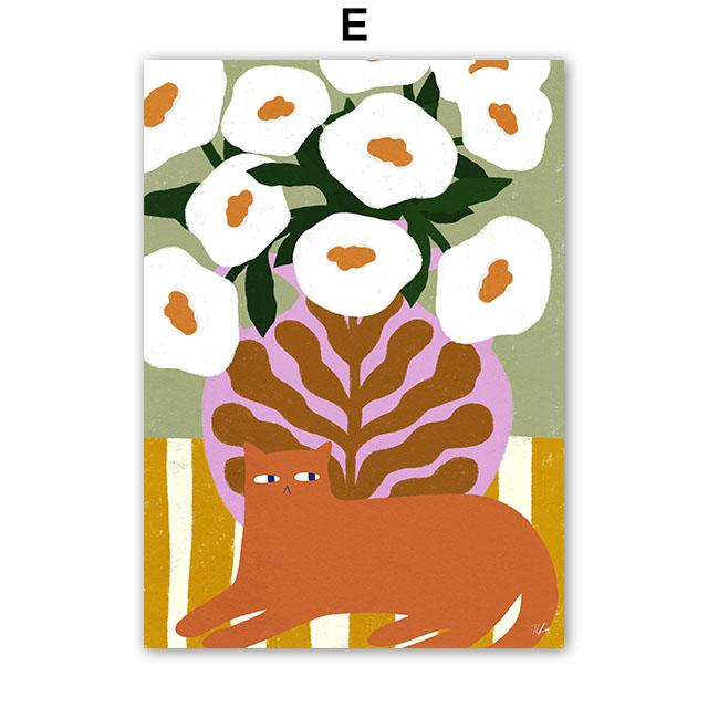 Fashion Colorful Cat Vase Leaf Flower Illustration Wall Art Canvas Painting Abstract Plant Posters Prints Pictures for Kids Room