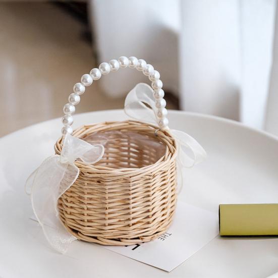 Wicker Rattan Basket Handmade Wedding Flower Basket with Faux Pearl Handle Flower Girls Basket for Home Decor Bridal Shower Picnic