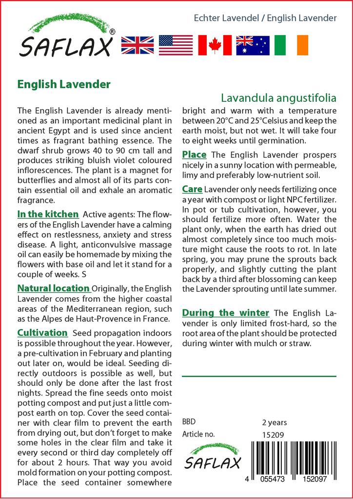 SAFLAX Garden in the Bag - Английская лаванда - 150 семян - С субстратом в подходящем мешке - Lavandula angustifolia
