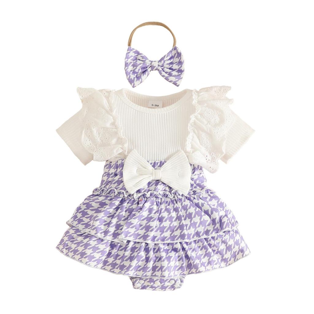 Summer Baby Girl Houndstooth Lace Romper & Headband Set