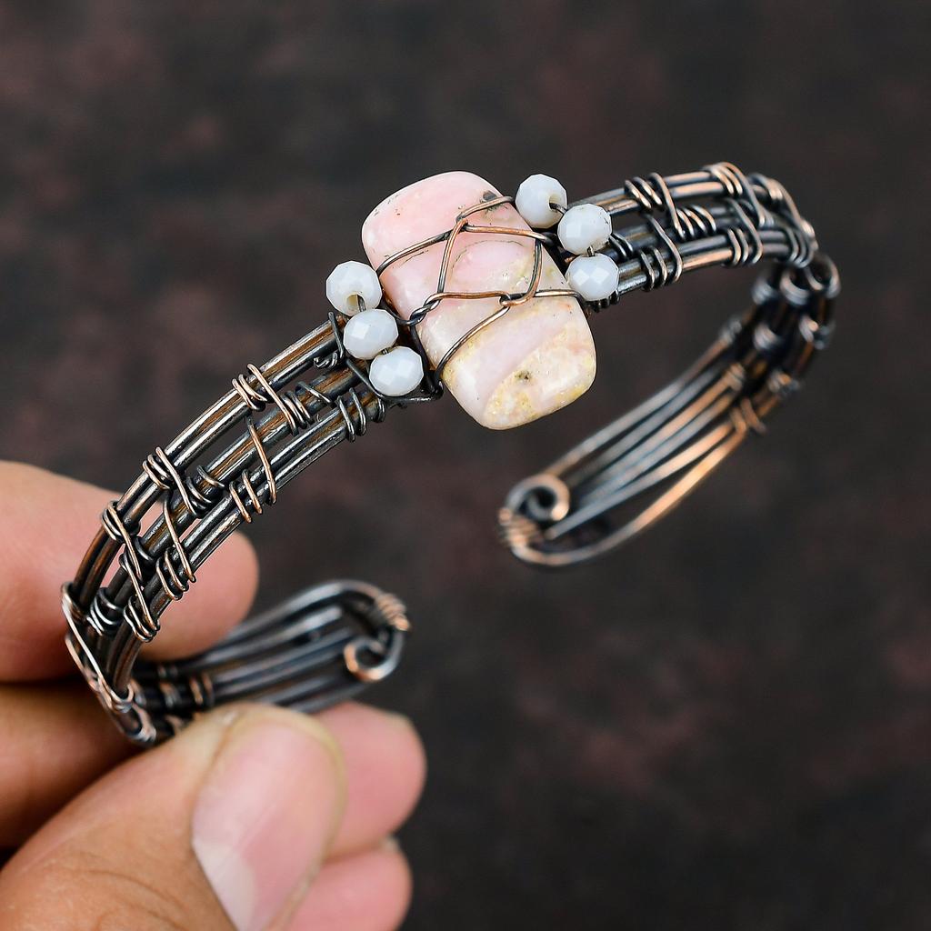 Браслет-манжета из розового опала и меди, браслет с синими кружевными бусинами из агата, браслет из медной проволоки, регулируемый браслет-манжета ручной работы