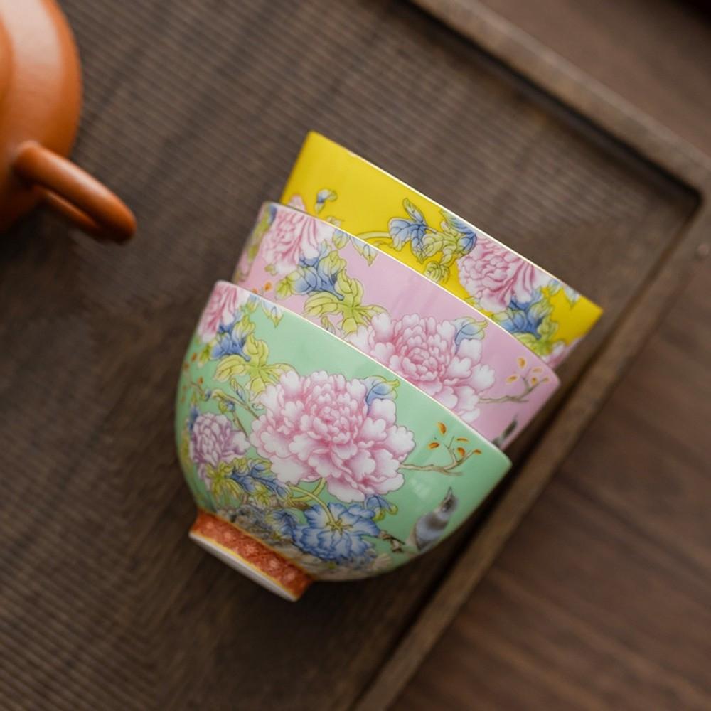6pcs/set Chinese Style Ceramic Cup Flower Enamel Cup Kung Fu Tea Set Tea Cup Office