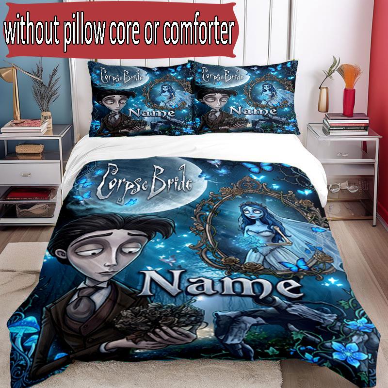 3pcs Duvet Cover Set (1*Duvet Cover + 2*Pillowcase, Without Core), Custom Name Corpse Bride Pattern Bedding Set, Home Bedroom Decor Gift