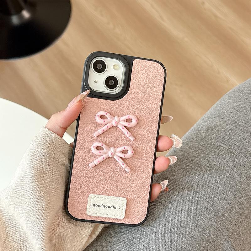 For Apple 16 Leather Solid Color Mobile Phone Case Simple for IPhone15Promax Bow 17 Women's Model 14