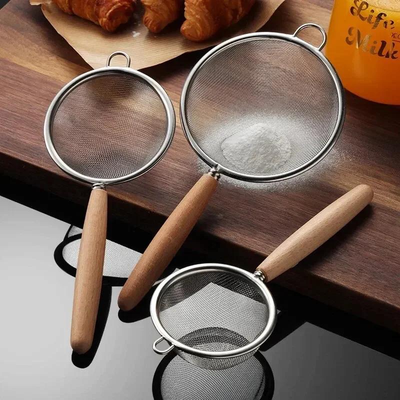 Wooden Handle Stainless Steel Small Colander Fine Mesh Oil Strainer Multi-function Filter Mesh Flour Sifter Kitchen Baking Tools