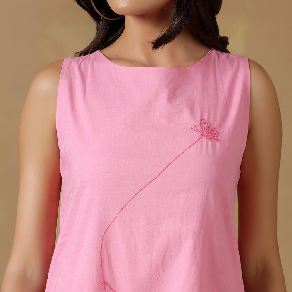 Pink Cotton Sleeveless Mini Dress | Loose Relaxed Fit Casual Day Dress, Resort Holiday & Vacation Outfit