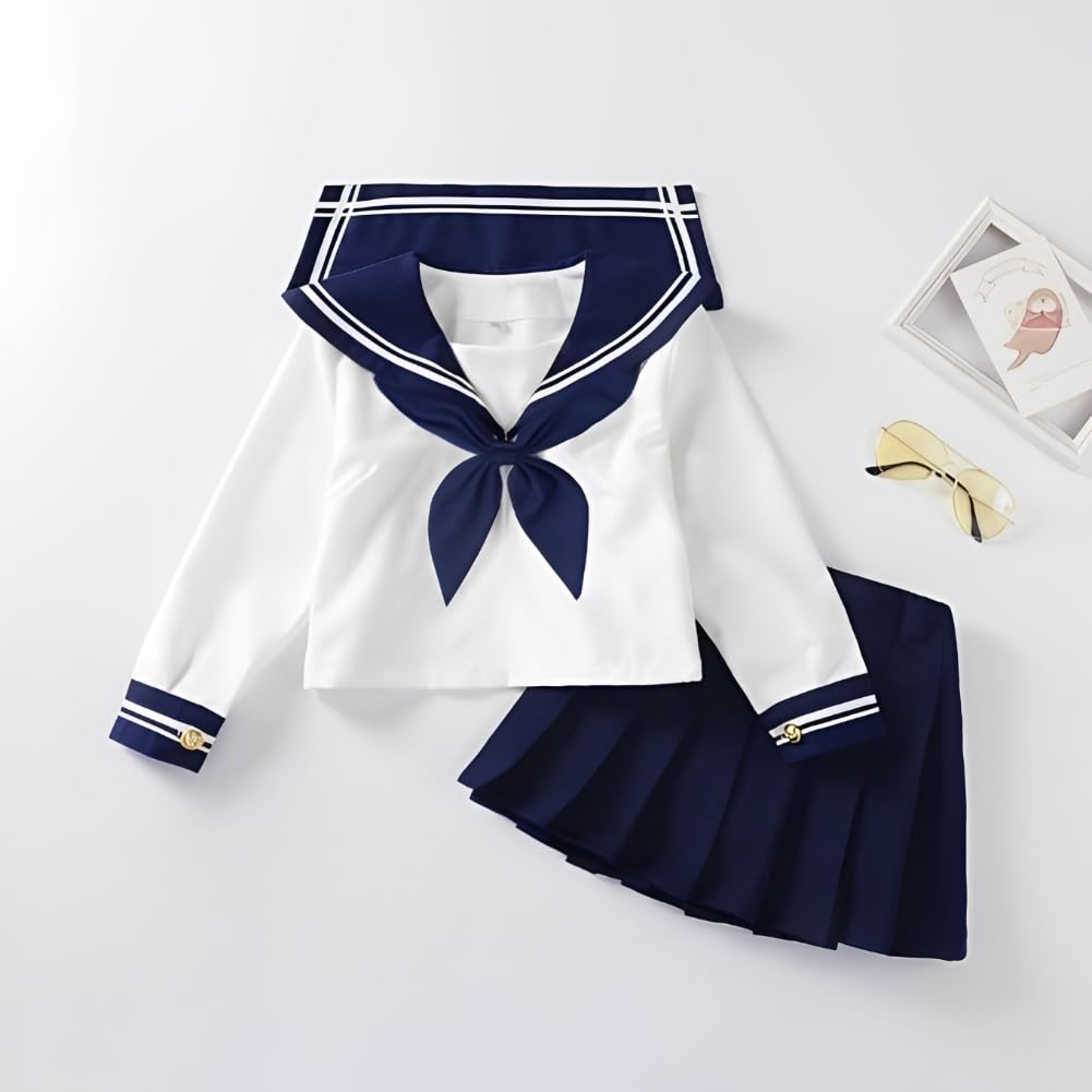 REENEW JK Long Sleeve Sailor Uniform Cosplay Halloween Boys and Easy Navy Perfect for School Cultural Entrance and Includes Pleated School Uniform Set