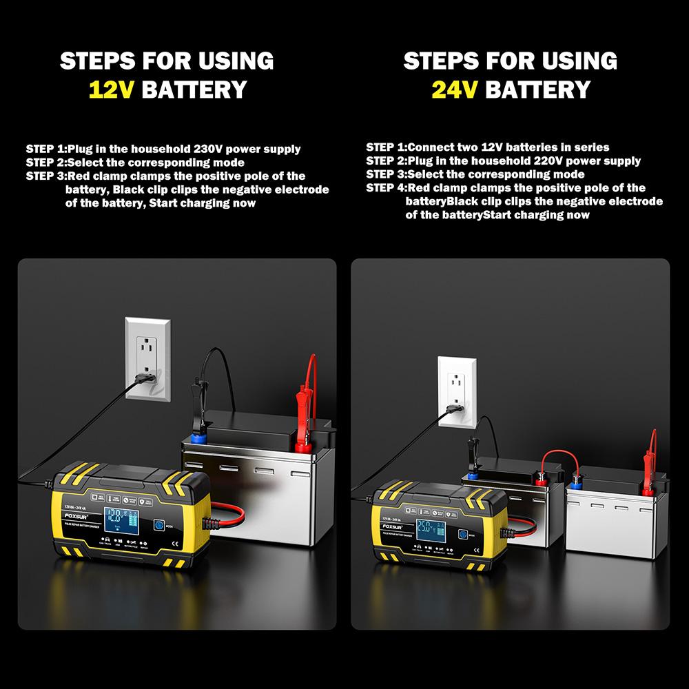 12V/8A 24V/4A Полностью автоматическое автомобильное зарядное устройство Импульсный ремонт FOXSUR Автомобильный грузовик AGM Свинцово-кислотный ЖК-дисплей Автоматическая зарядка аккумулятора FBC122408D