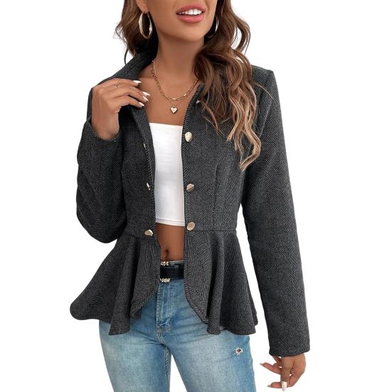 Женский повседневный пиджак с лацканами, длинный рукав, двубортный пиджак с оборками и полосатым принтом, деловая верхняя одежда