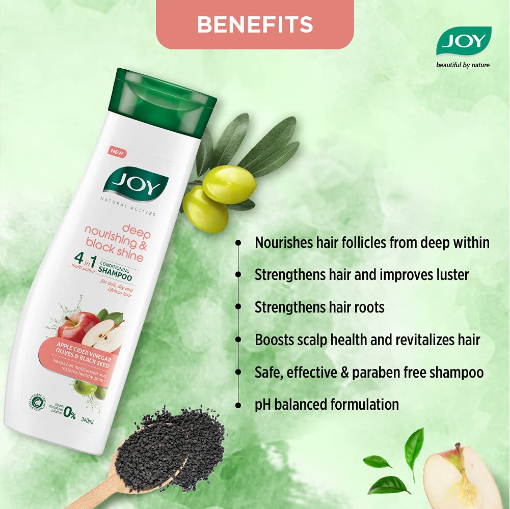 JOY Натуральные Активные Компоненты 4 в 1 Глубоко Питательный и Кондиционирующий Шампунь для Черного Блеска Яблочный Уксус для Тусклых Волос 2x340мл