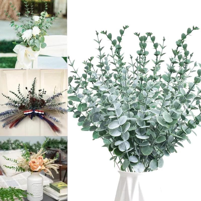 15 шт. искусственные листья эвкалипта, стебли зелени с морозом для вазы, украшения для дома, вечеринки, свадьбы, уличный цветок, декор для стен своими руками