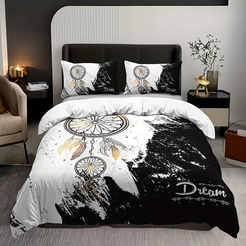 Chic Black & White Dreamcatcher Bedding Set-Breathable Soft Easy-Care 3-Piece Duvet Cover Pillowcases For All-Season Comfort