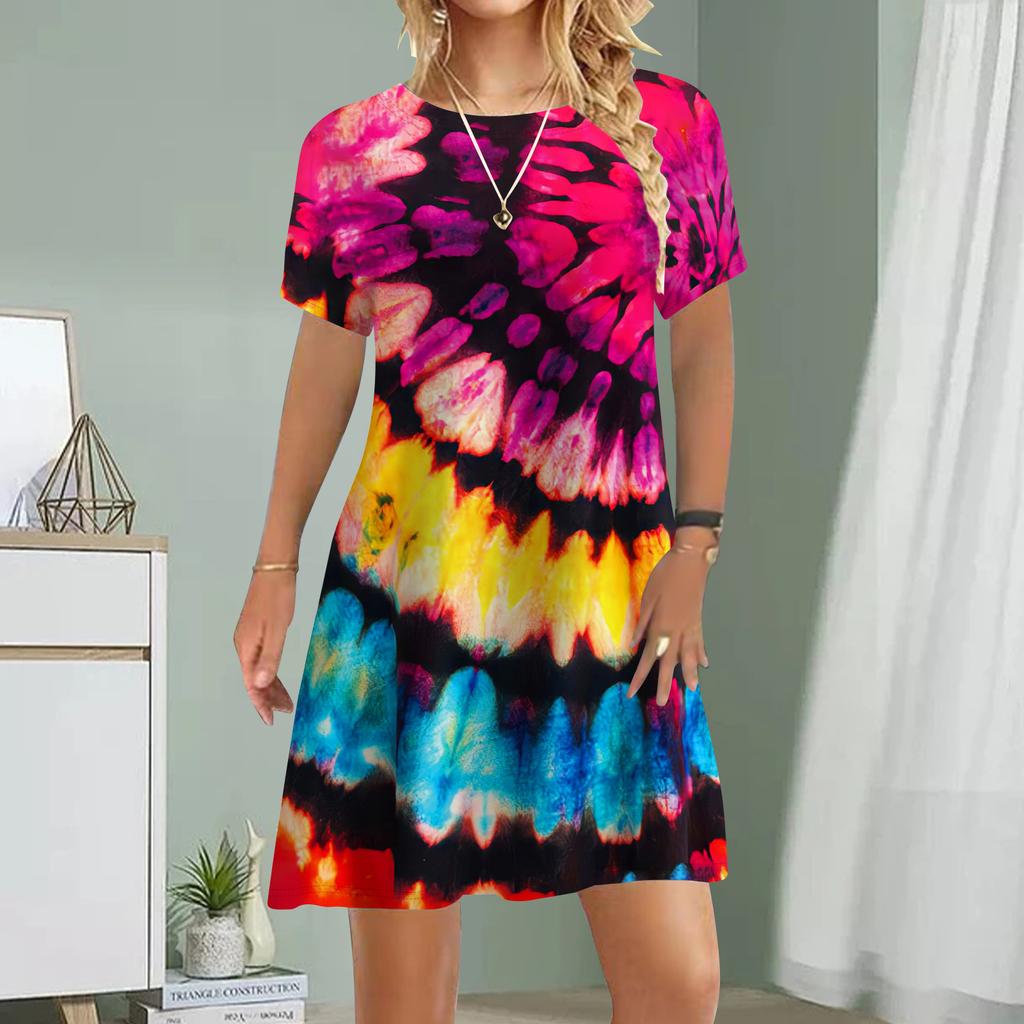 Women Casual Dress Summer Tie-dyed Print Dresses For Women O-neck Short Sleeve Dress Plus Size
