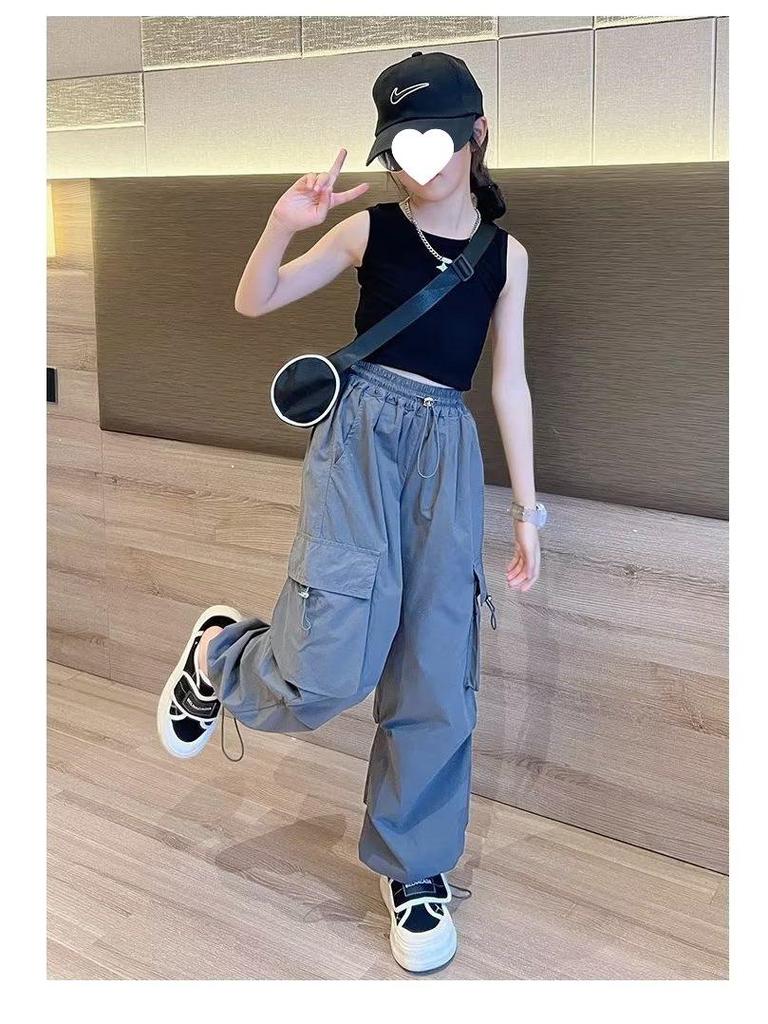 Girls' Autumn/Winter Velvet Cargo Sweatpants with Big Pockets - Trendy and Warm Style