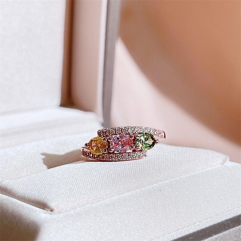 POMOiii Женское кольцо с красочным цирконом круглой формы, ювелирный подарок, открытый размер, свадебный подарок на помолвку