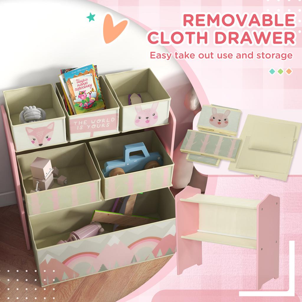 Kids Storage Unit Toy Storage Organiser With Six Fabric Bins For Bedrooms Playrooms Nurseries Pink