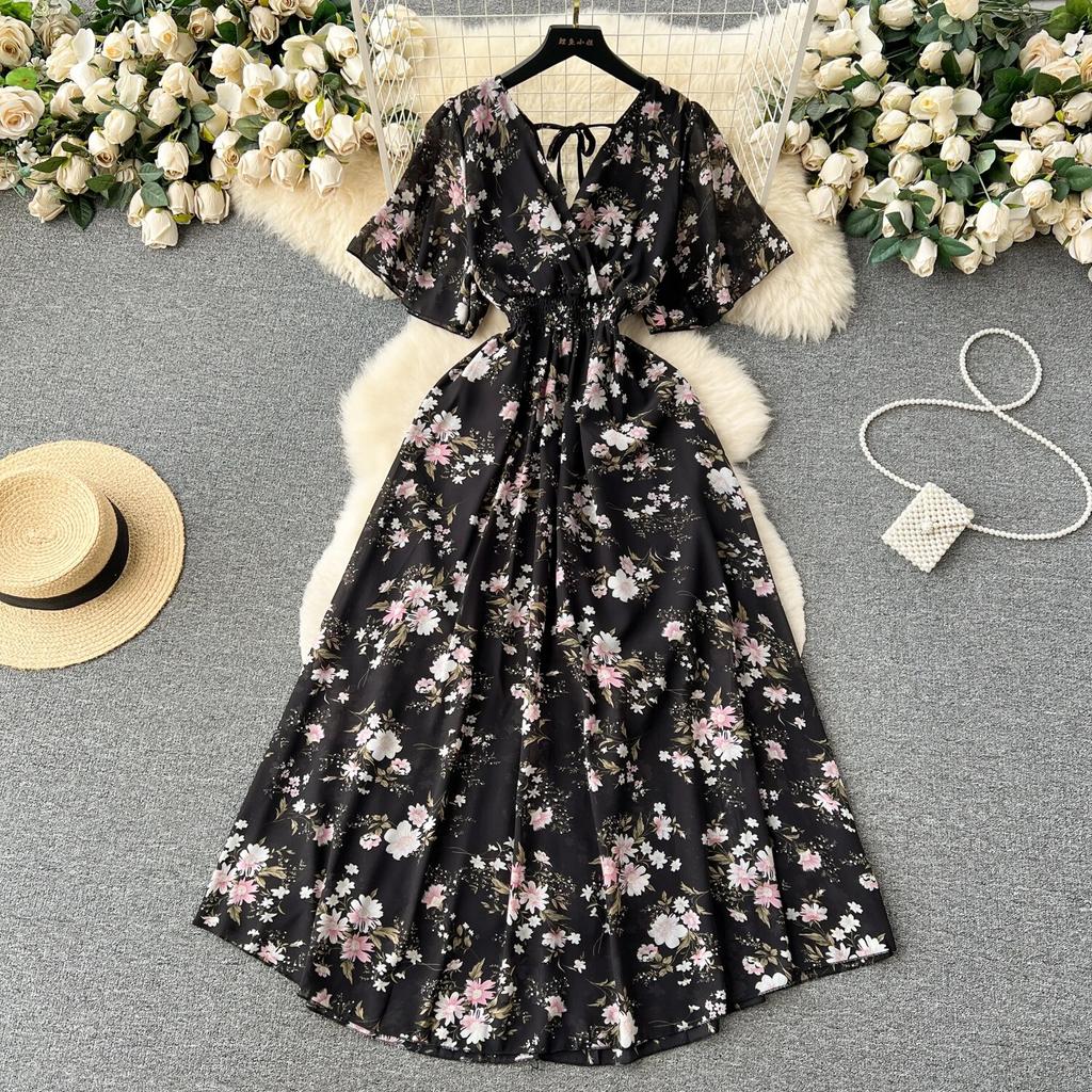 Морское праздничное шифоновое платье с принтом, женское летнее новое обтягивающее талии с v-образным вырезом средней длины, большая распашная юбка, модная