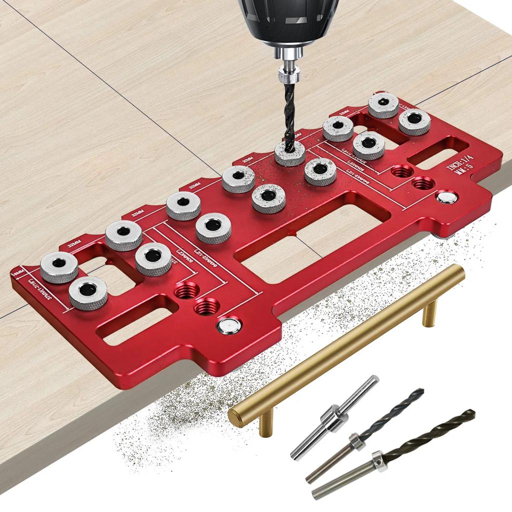 Aluminum Pocket Hole Jig Kit, 1 Set Handle Pitch Punch Hole Locator,Shelf Pin Drilling Guide Jig,Straight Hole Drilling Template