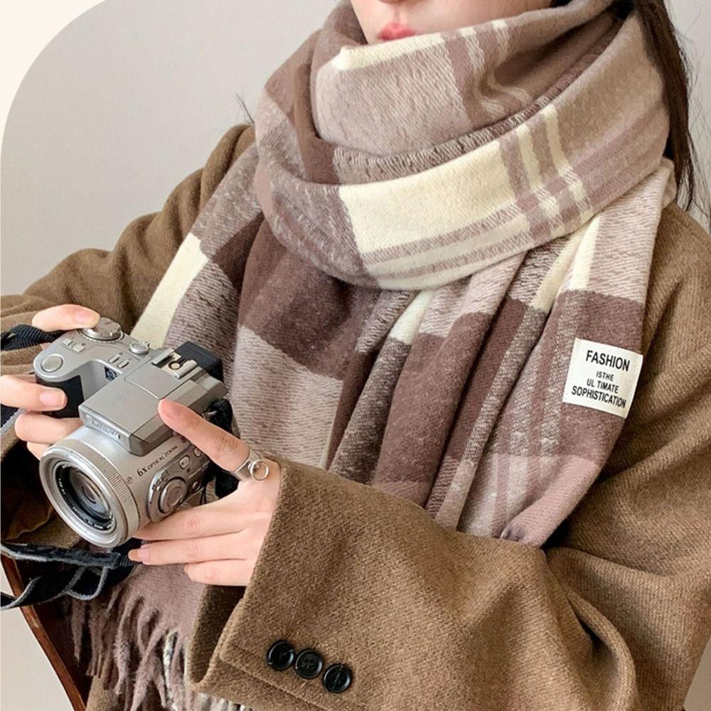 Long Tessel Plaid Wool Scarf Thicken Men Scarf Simple Winter Cashmere Scarf Female