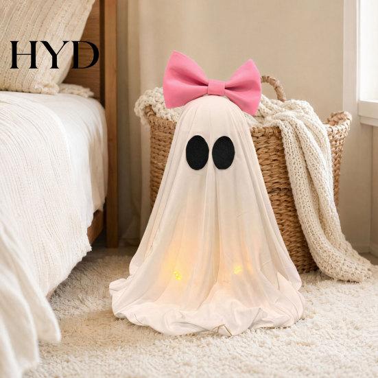 Living Room Halloween Decor LED Ghost Decoration, Pink Bow Tabletop Ornament, Soft With Warm Lights Fabric Haunted House with Glow for Home Round Eyes