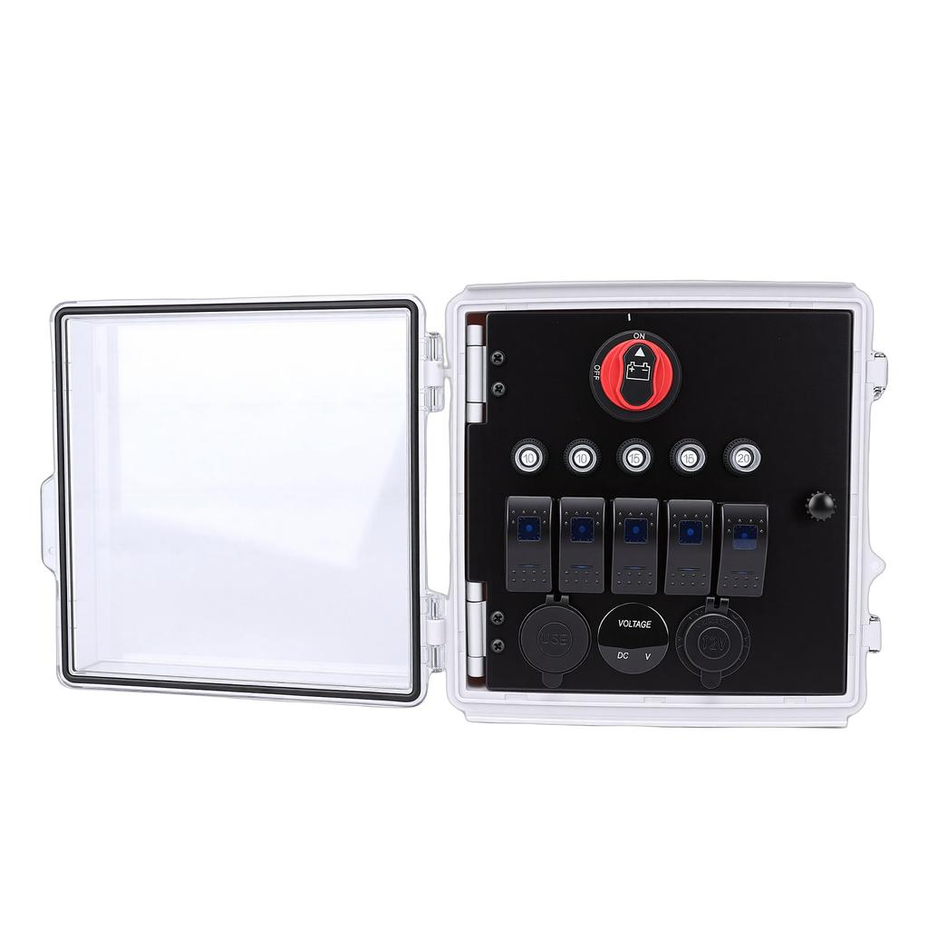 Rocker Switch Water Proof Box 5 Gang 3 Position LED Toggle Switch Panel with Voltmeter USB Charger Style B