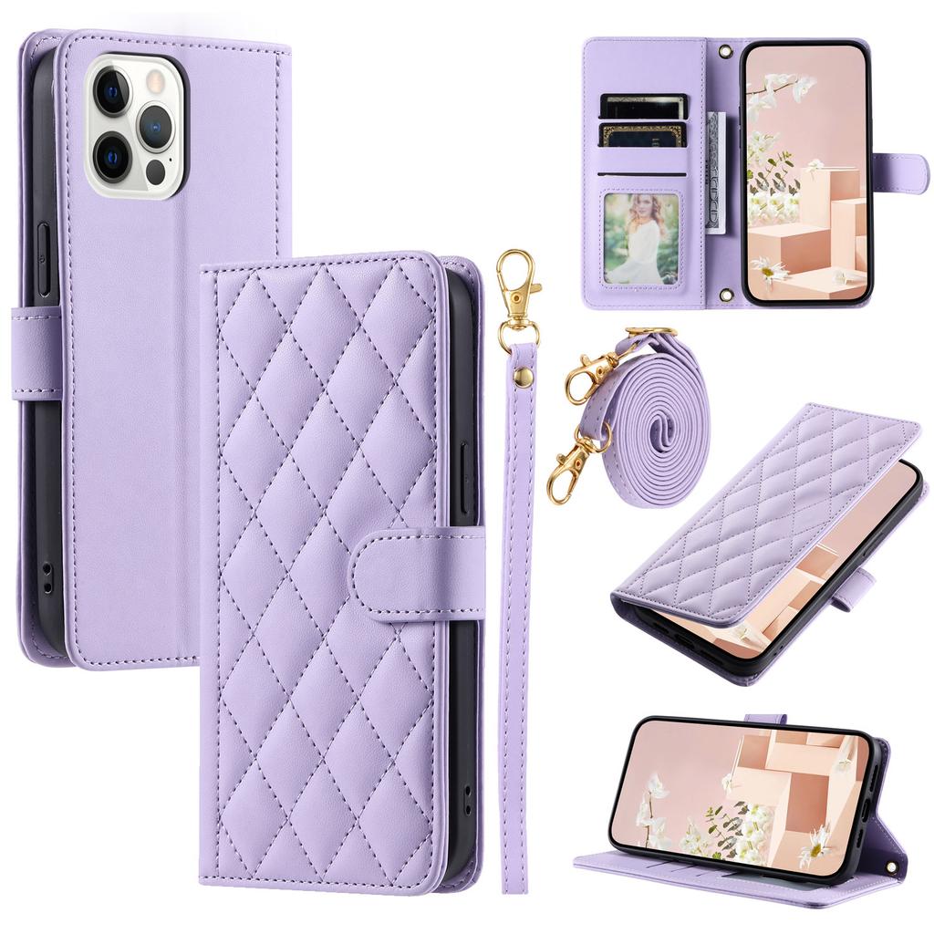 For iPhone 12/12 Pro Leather Case Wallet Stand Flip Phone Cover with 2 Straps