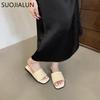 Fashion SUOJIALUN Summer New Brand Women Slipper Fashion Square Toe Open Toe Slip On Slides Soft Flat Heel Ladies Vaction Outdoor Shoes