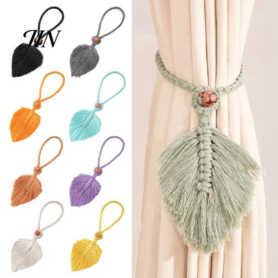 Magnetic Free Curtain Tie Braided Leaf Tieback, Boho Cotton Rope Holder, Fringe Tieback Edge Knotted Draperies Holder for Bedroom Nursery Farmhouse