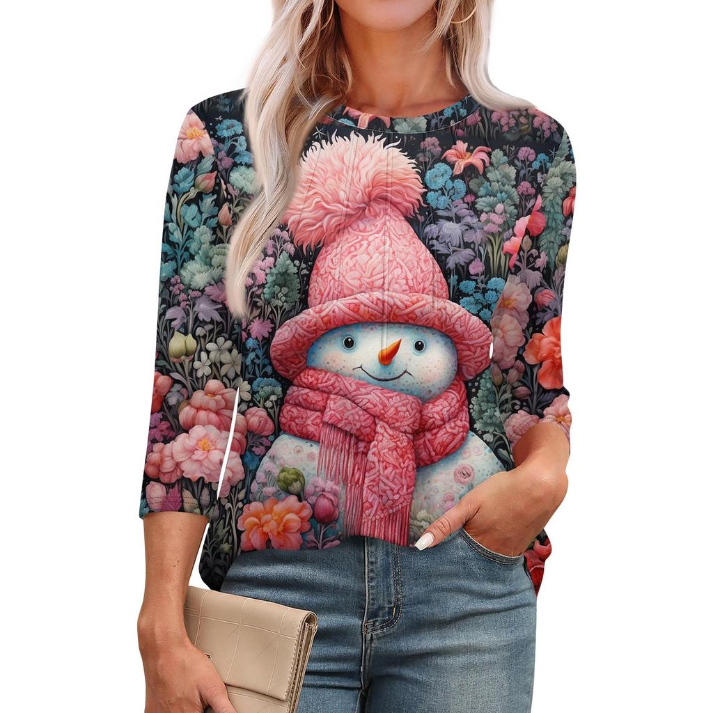 Женская модная футболка с круглым вырезом и рукавом 3/4 с принтом, повседневная, базовая, плиссированная, пуловер